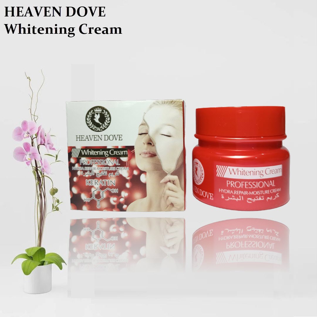 HEAVEN DOVE whitening cream helps to even skin tone and provides an overall brighter look by covering dark spots and leaving a dewy glow on the skin.